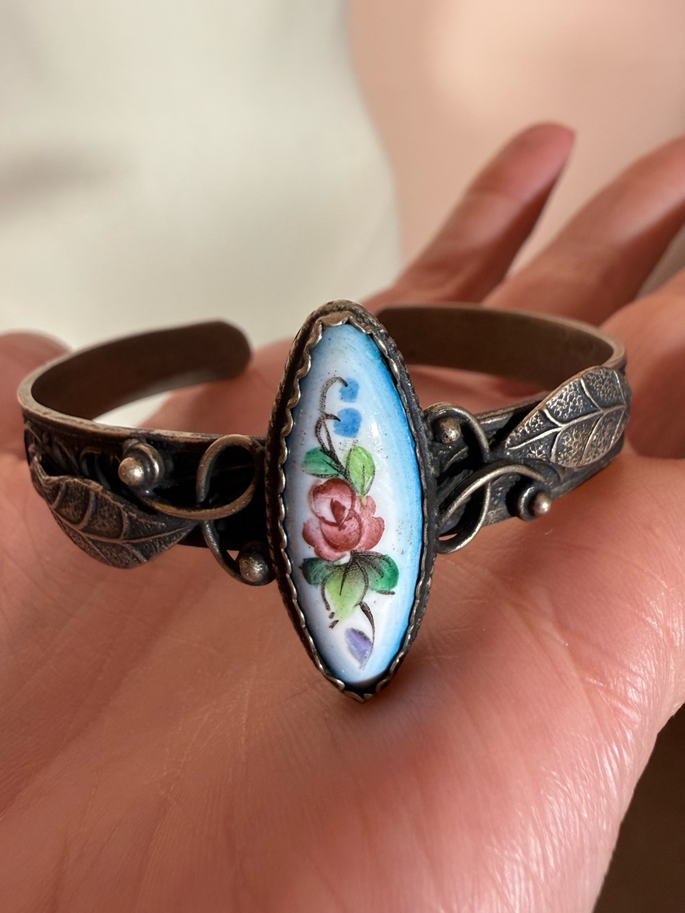 Vintage Russian Rostov Finift Hand Painted silver cuff bracelet Victorian Boho